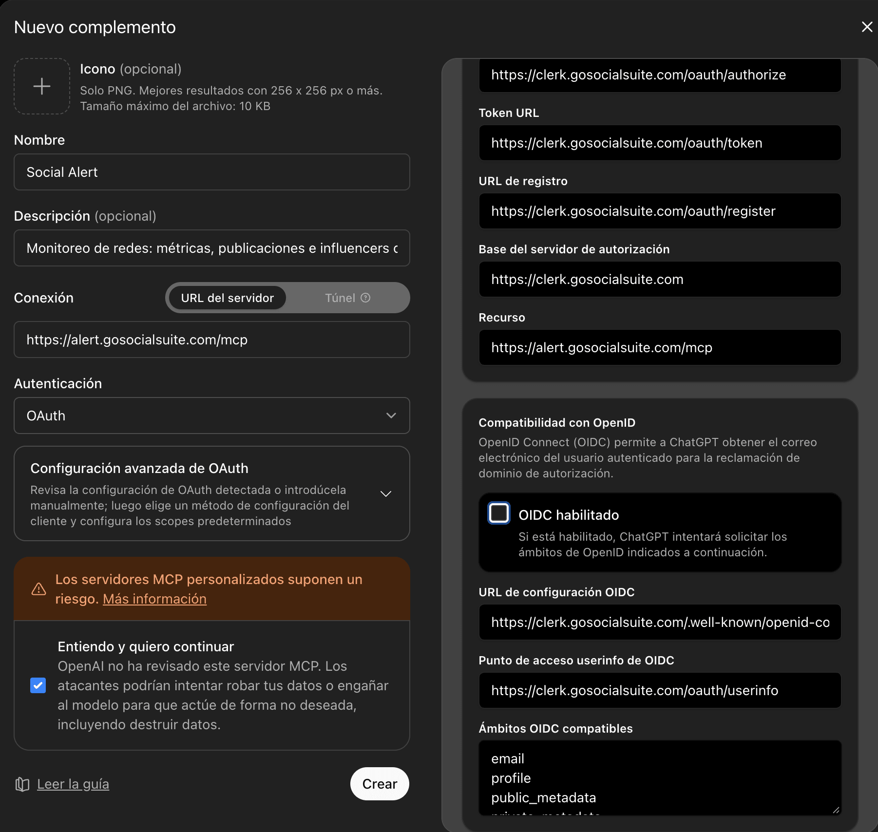 Diálogo Nuevo complemento de ChatGPT con la URL del MCP, OAuth y la casilla OIDC habilitado desmarcada