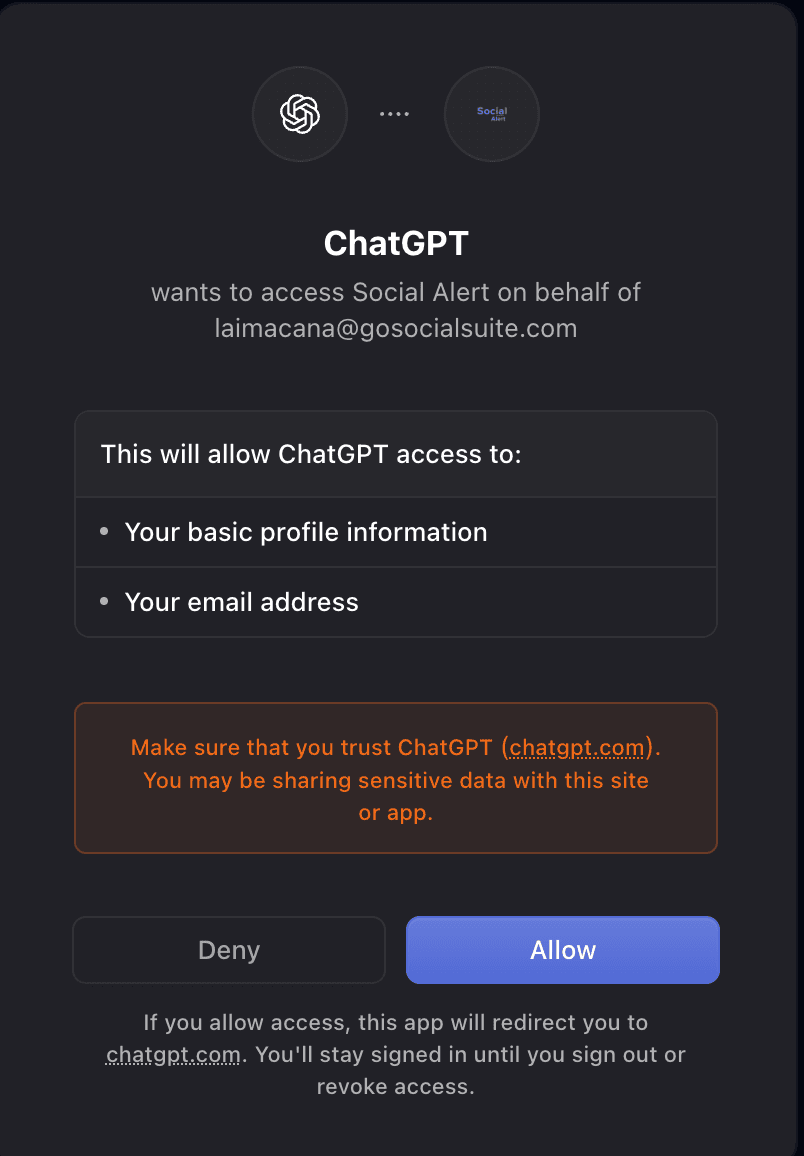 Pantalla de autorización de Social Alert abierta desde ChatGPT