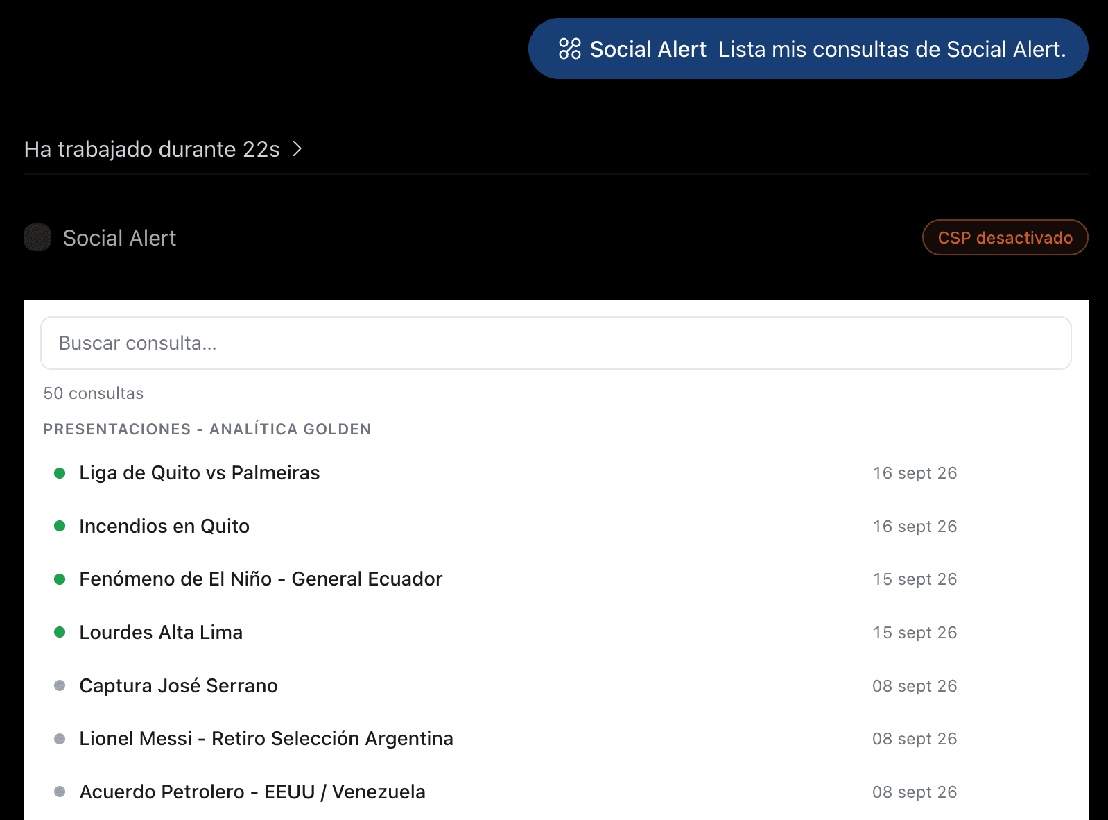ChatGPT mostrando las consultas de Social Alert tras conectar el MCP