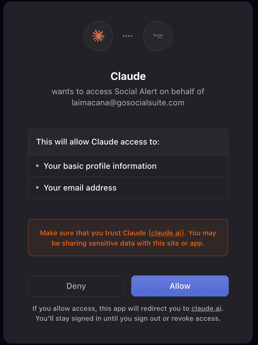 Pantalla de autorización de Social Alert pidiendo permiso para el conector